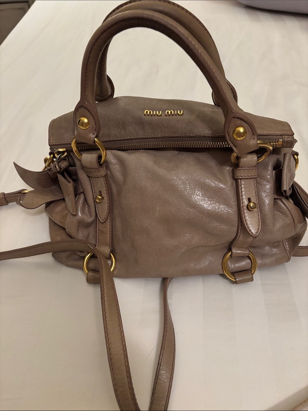 Miu Miu Taupe Brown Leather Double-Handle Satchel with Gold Hardware
Authentic